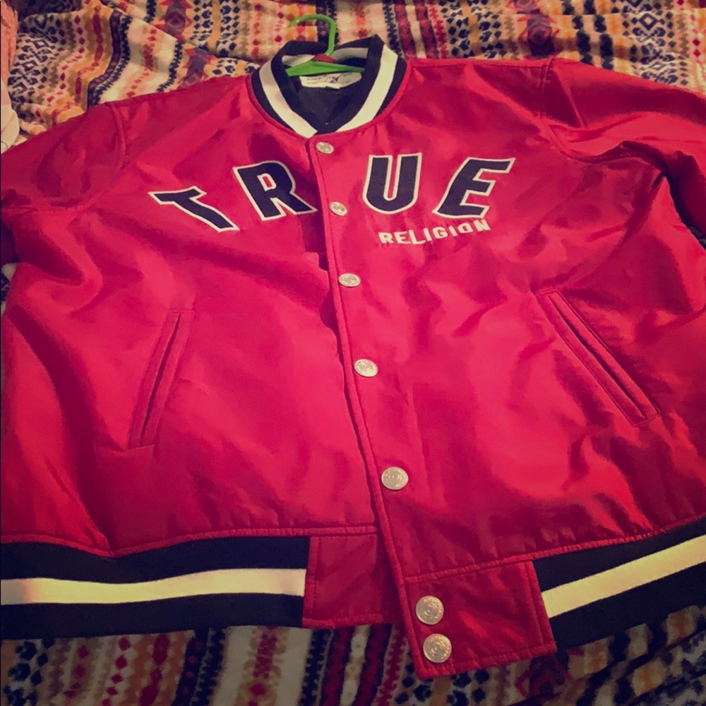 True Religion letterman’s button up jacket